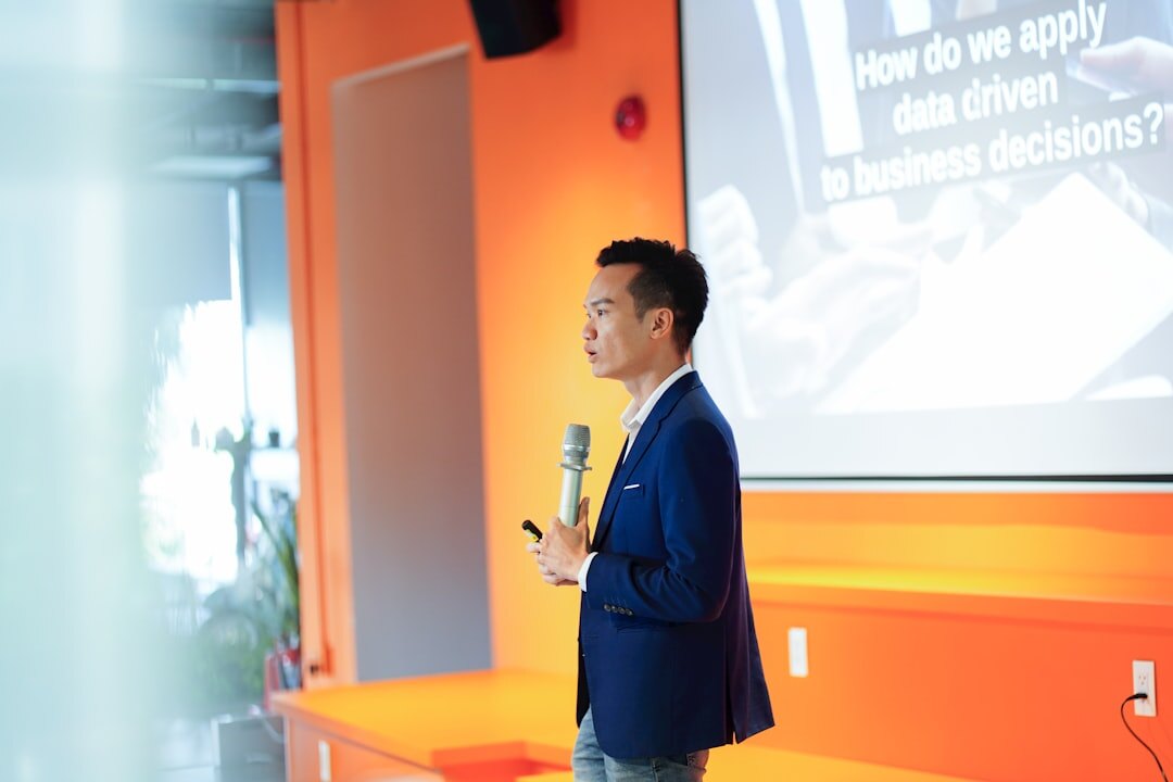 confident speaker on stage